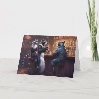 Raccoons having drinks in a bar talking trash card