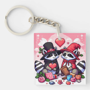 Raccoons in love pixel art keychain