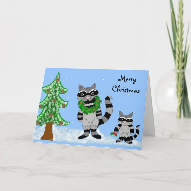 Raccoons Merry Christmas Holiday Card (Front)