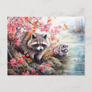 Raccoons near autumn pond scene holiday postcard
