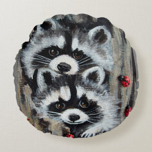 Raccoons Peeking Round Pillow