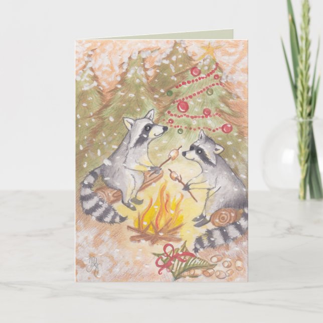Raccoons Roasting Marshmallows Holiday Card (Front)