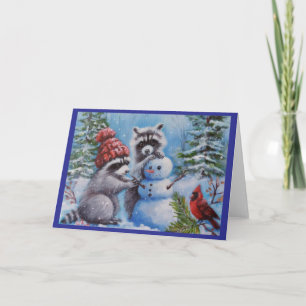 Raccoons Snowman Cardinal Bland Greeting Card