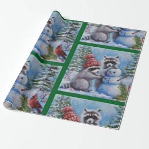 Raccoons snowman & cardinal Wrapping Paper