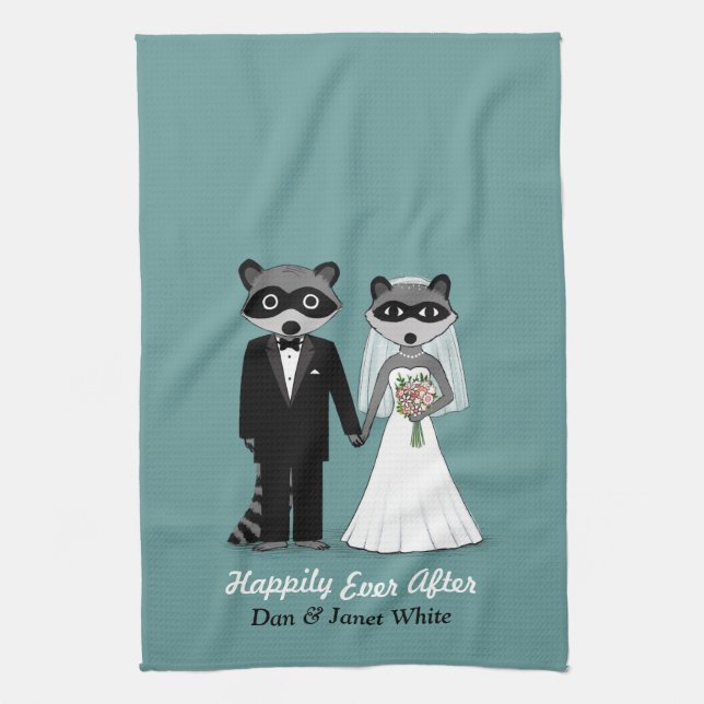 Raccoons Wedding Bride and Groom with Custom Text Kitchen Towel (Vertical)