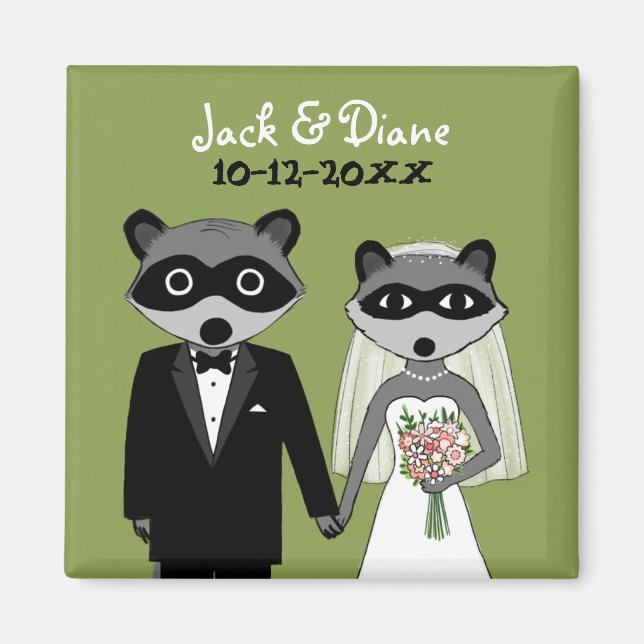 Raccoons Wedding Bride and Groom with Custom Text Magnet (Front)