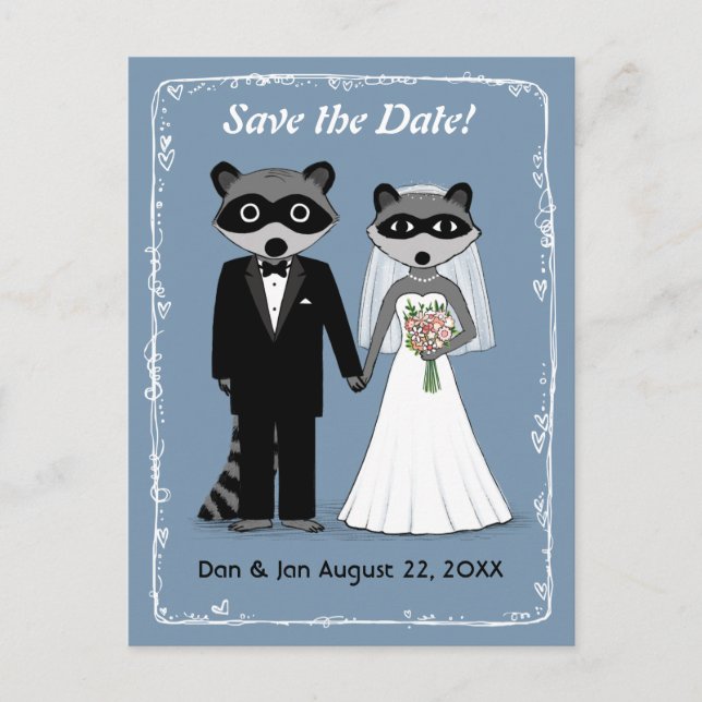 Raccoons Wedding Save the Date Blue Announcement Postcard (Front)