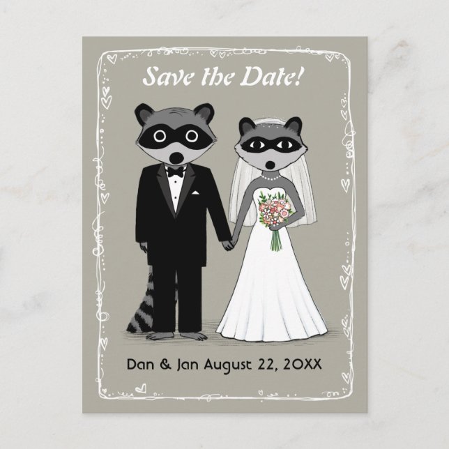 Raccoons Wedding Save the Date (Warm Grey) Announcement Postcard (Front)