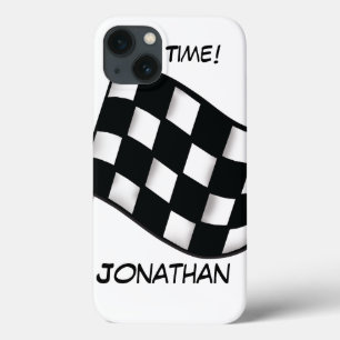 Race Black White Chequered Flag Name Personalized iPhone 13 Case