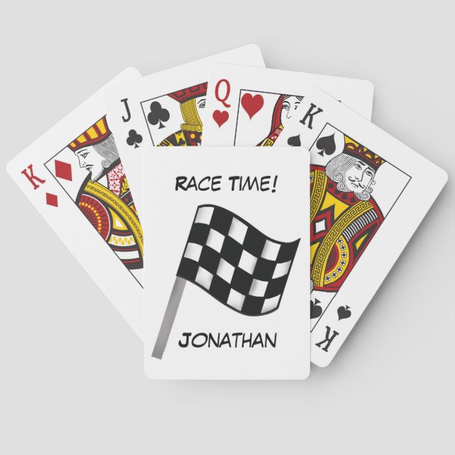 Race Black White Chequered Flag Name Personalized Playing Cards (Back)