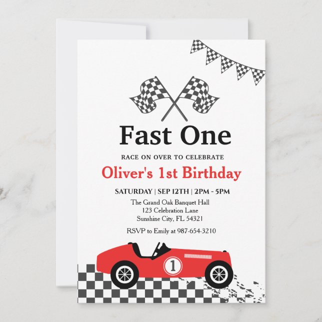 Race Car 1st Birthday, Boy Birthday Party Invitation (Front)