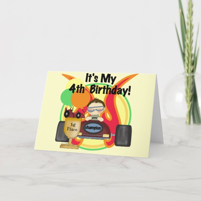 Race Car 4th Birthday Tshirts and Gifts Card (Front)
