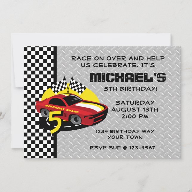 Race Car 5th Birthday Party Invitation (Front)