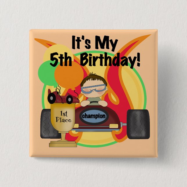 Race Car 5th Birthday T-shirts and Gifts 2 Inch Square Button (Front)