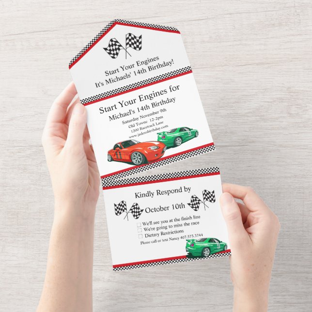 Race Car Any Age Birthday All In One Invitation (Tearaway)
