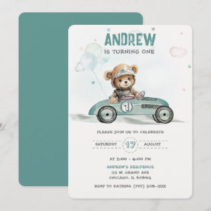 Race Car Baby Bear 1st Birthday  Invitation