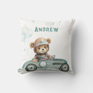 Race Car Baby Bear Throw Pillow
