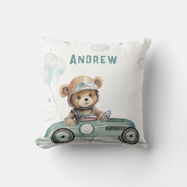 Race Car Baby Bear Throw Pillow (Front)