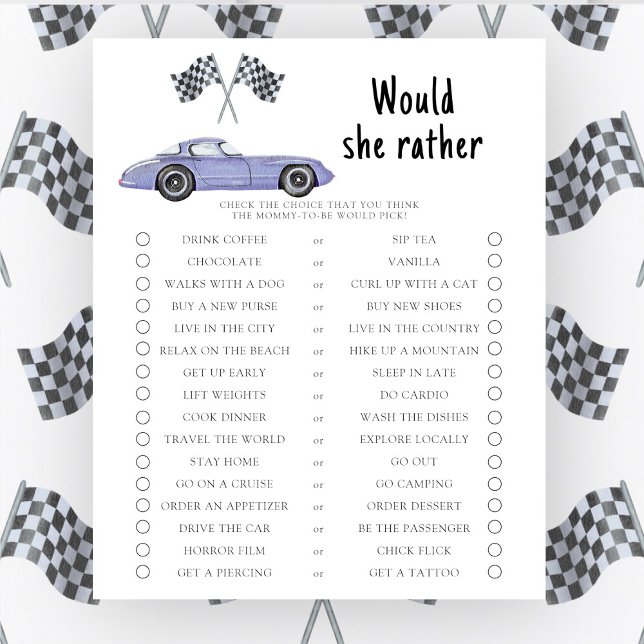 Race car baby shower Would she rather game (Creator Uploaded)