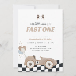 Race Car Beige Fast One First Birthday Invite 