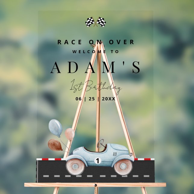 Race Car Birthday Invitation, Fast One Birthday  Acrylic Sign (Neutral)