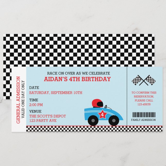 Race Car Birthday Invitations Boarding Pass Ticket (Front/Back)