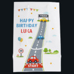 Race Car Birthday Kids Racing Party Medium Gift Bag<br><div class="desc">Complete your race party with these fun race car personalized birthday gift bag! Featuring a playful road track design with START and FINISH details,  colorful cars,  and personalized text. Customize with your child’s name. Great for kids racing-themed birthdays.</div>