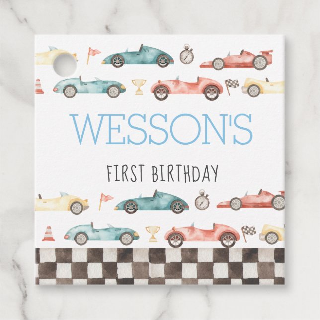 Race Car Birthday party favour tags (Front)