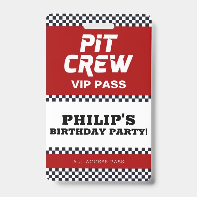 Race Car Birthday Party Pit Crew VIP Pass Badge (Front)