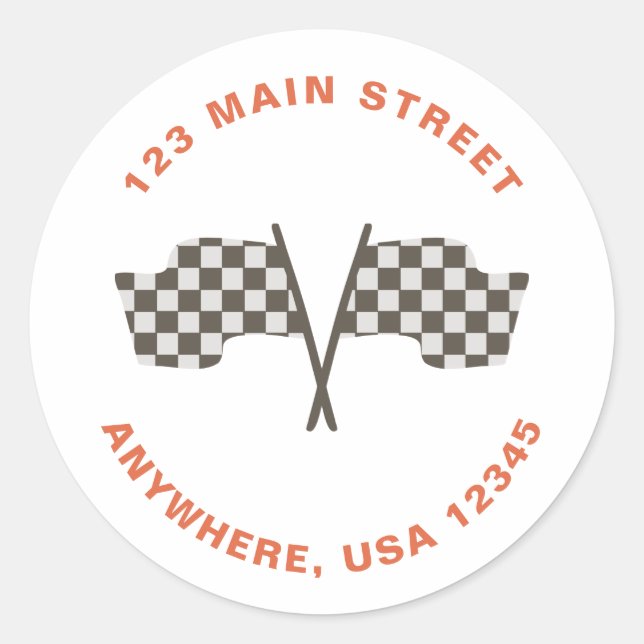Race Car birthday return address Classic Round Sticker (Front)