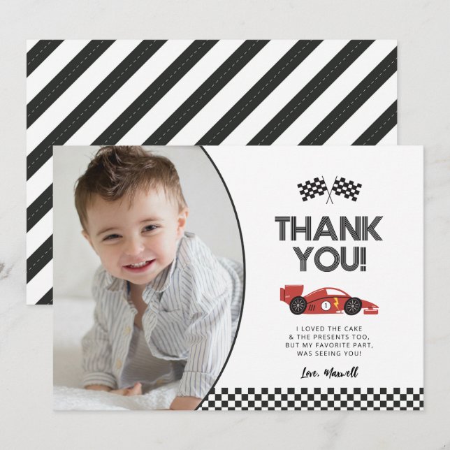 Race Car Birthday Thank You Card with Photo (Front/Back)