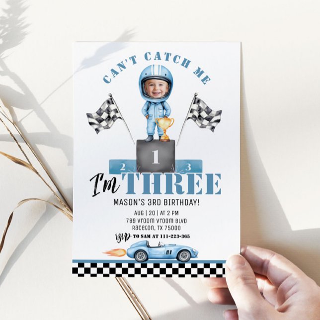 Race car Blue Boy 3rd Birthday Racer Photo Invitation (Creator Uploaded)