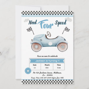 Race Car blue vintage need four speed 4th birthday Invitation