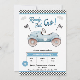 Race Car blue vintage Ready set go 5th birthday Invitation
