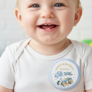 Race Car Blue Watercolor Boy First Birthday  1 Inch Round Button