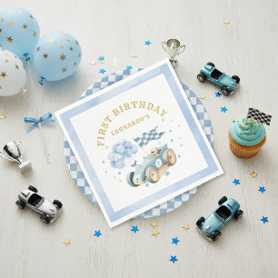 Race Car Blue Watercolor Boy First Birthday Napkin