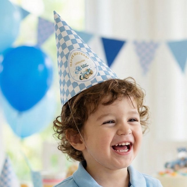 Race Car Blue Watercolor Boy First Birthday Party Hat (Creator Uploaded)