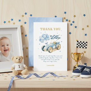 Race Car Blue Watercolor Boy First Birthday Thank You Card