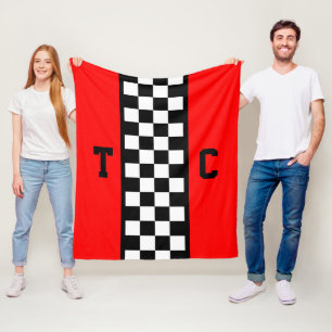 Race Car Checkered Pattern Red Monogrammed Fleece Blanket