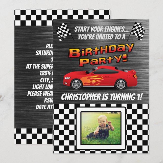 Race Car Chequered Flag Photo Boys Birthday Party Invitation (Front/Back)
