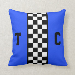 Race Car Chequered Pattern Bright Blue Monogrammed Throw Pillow