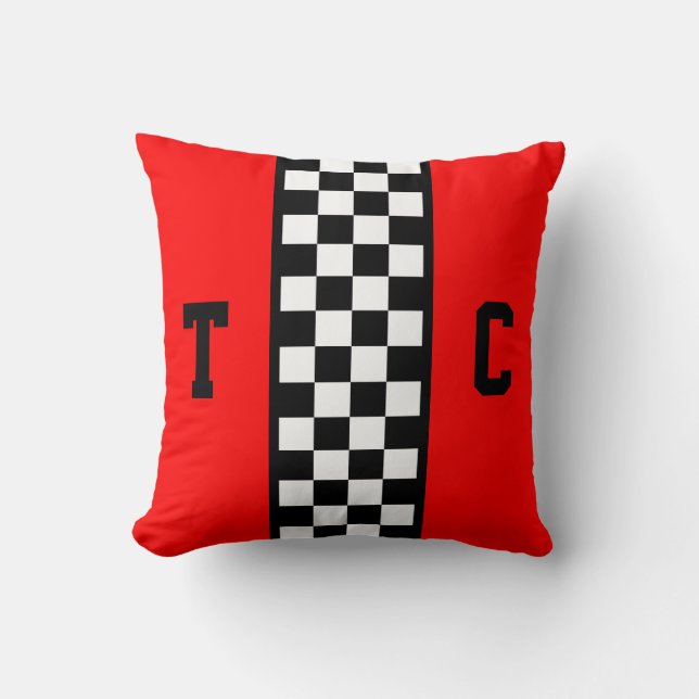 Race Car Chequered Pattern Red Monogrammed Throw Pillow (Front)