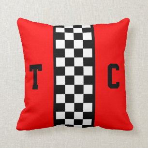 Race Car Chequered Pattern Red Monogrammed Throw Pillow