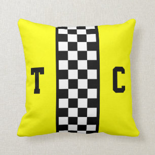 Race Car Chequered Pattern Yellow Monogrammed Throw Pillow