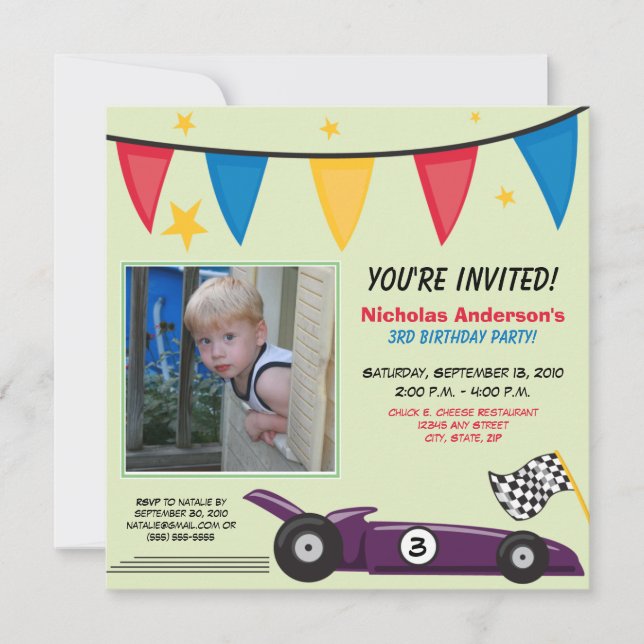 Race Car Custom Birthday Party Invitation (green) (Front)