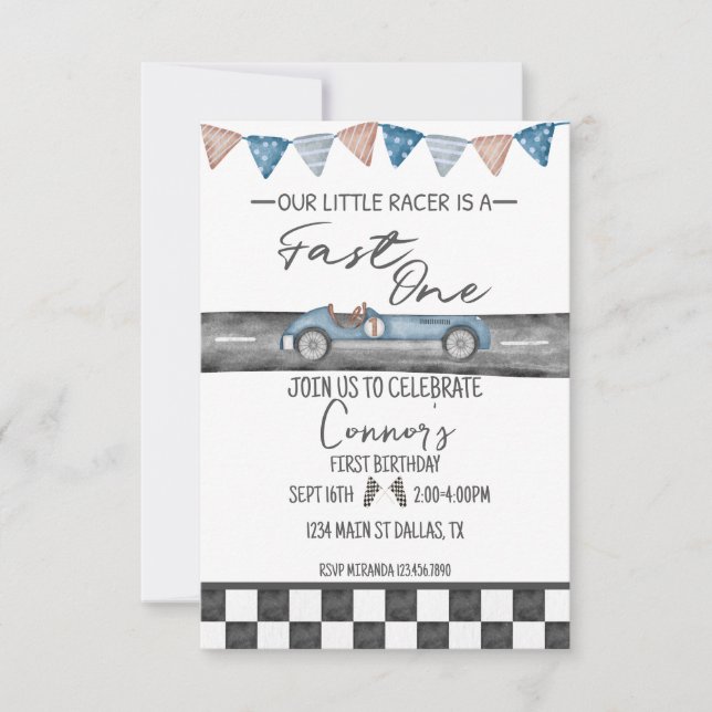 Race Car Fast One First Birthday Invitation (Front)