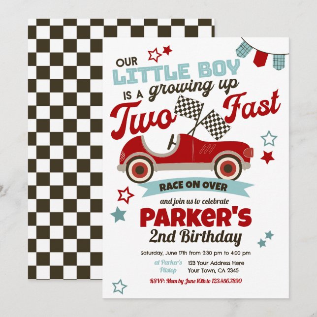 Race Car Fête à thème Invitation pour le 2e annive (Devant / Derrière)