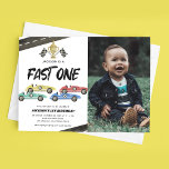 Race Car First Birthday Photo Invitation<br><div class="desc">Boys racing car 1st birthday invitations featuring a simple white background,  a photo of the child,  4 watercolor race cars,  roads,  chequered flags,  a trophy,  and a fast one celebration template that is easy to customize.</div>