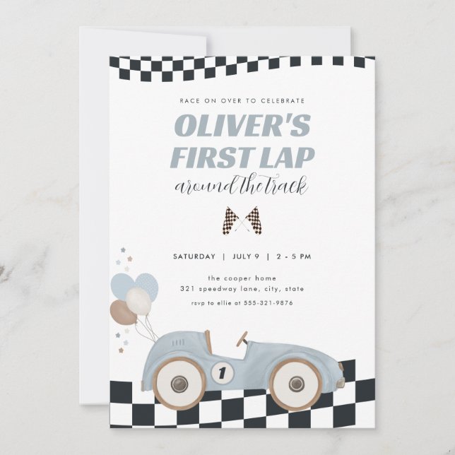 Race Car First Lap Around the Track 1st Birthday Invitation (Front)