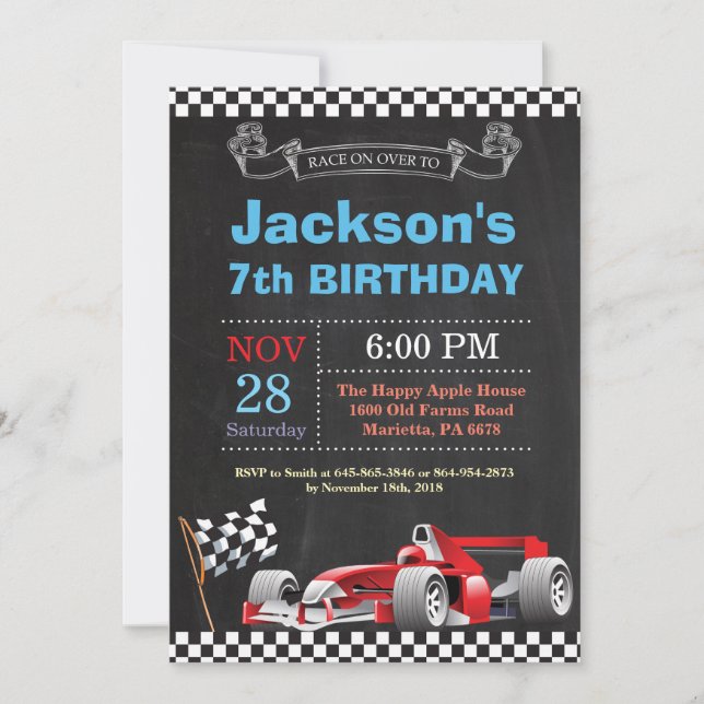 Race Car Invitation Anniversaire. Soirée d'anniver (Devant)